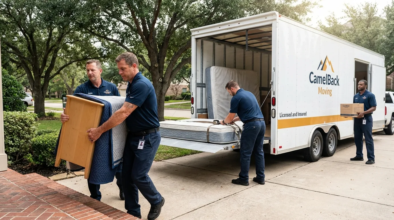 Crew loading residential truck for cross-state move from Cambridge, OH