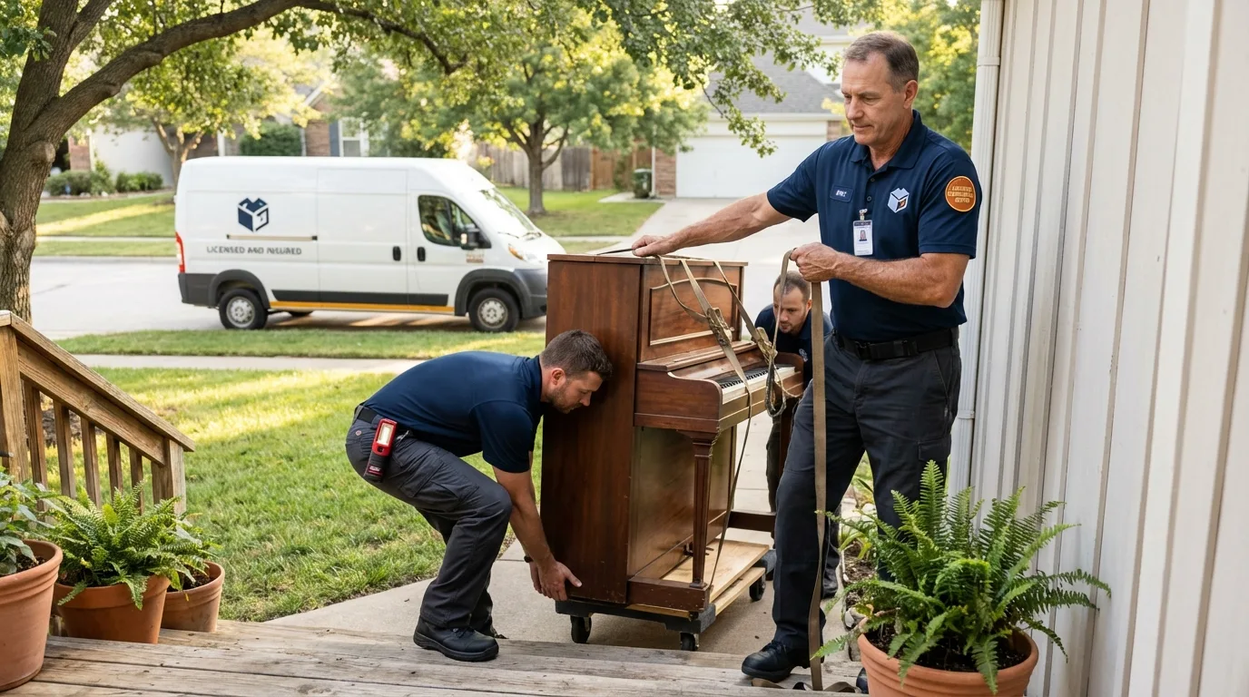 Licensed piano movers securing grand piano in Cambridge, OH