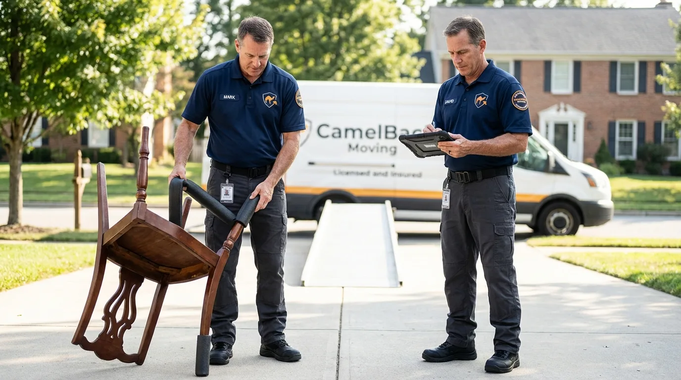 Movers inspecting furniture for damage prevention before loading in Cambridge, OH