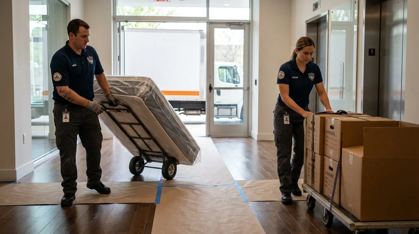 Professional apartment movers loading elevator in Cambridge, OH
